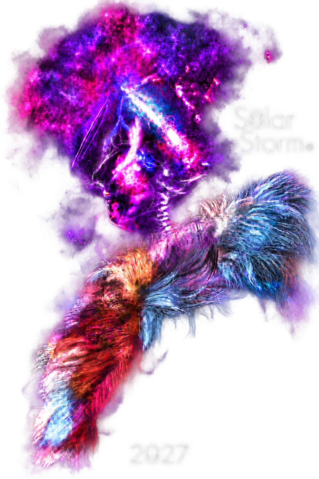 Solar Storm 2027 artwork: luminous purple, magenta and cyan energy against black